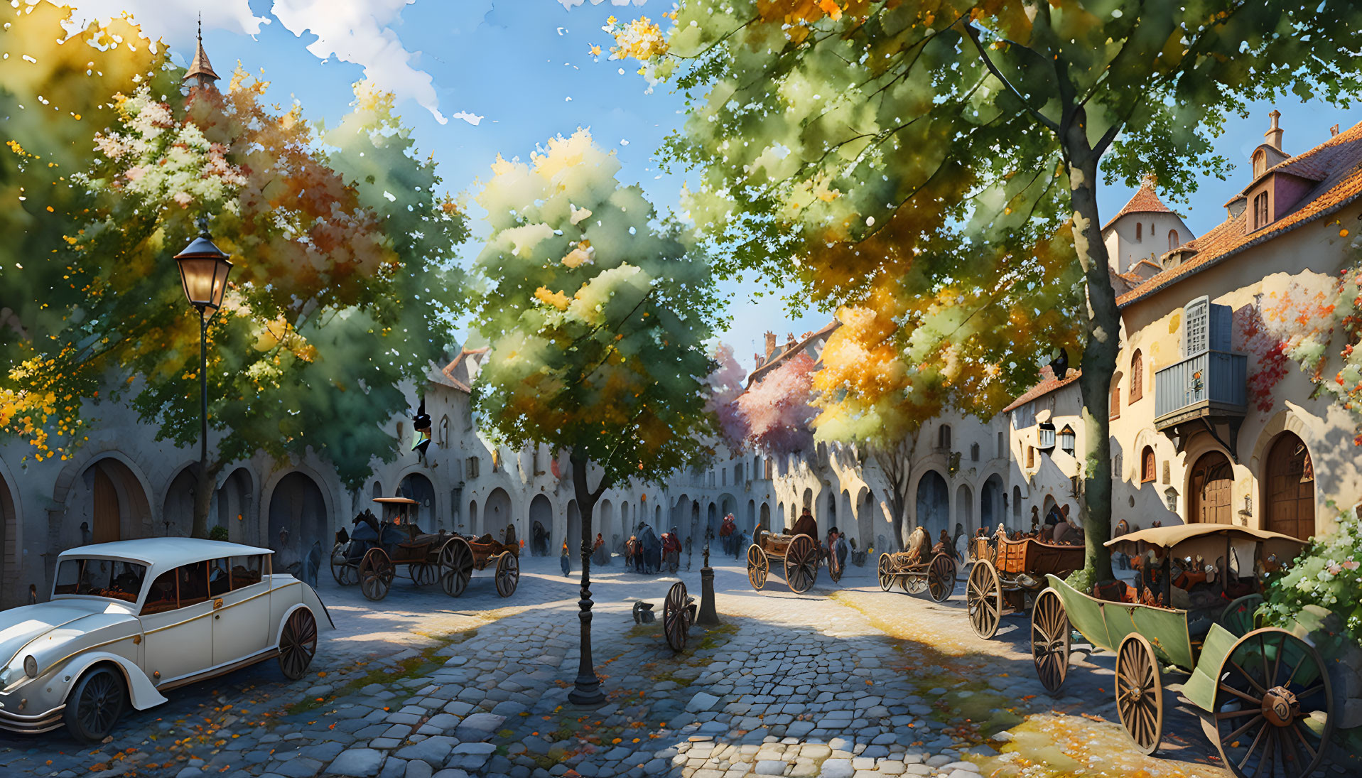 Illustration: Classic cars, carriages, cobblestone street, old buildings, autumn trees