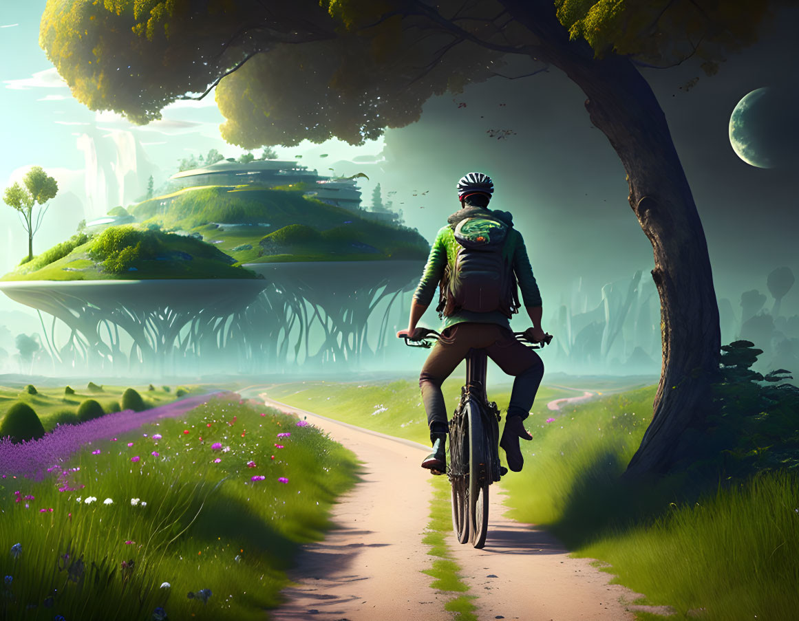 Cyclist with backpack rides through surreal landscape with floating islands and moon