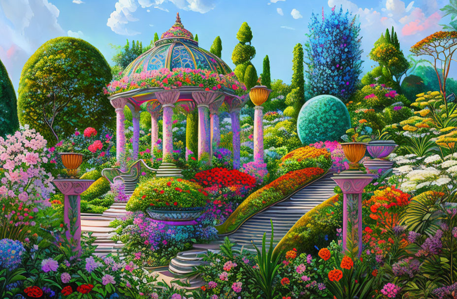 Colorful Flower Garden with Spiral Staircase and Gazebo