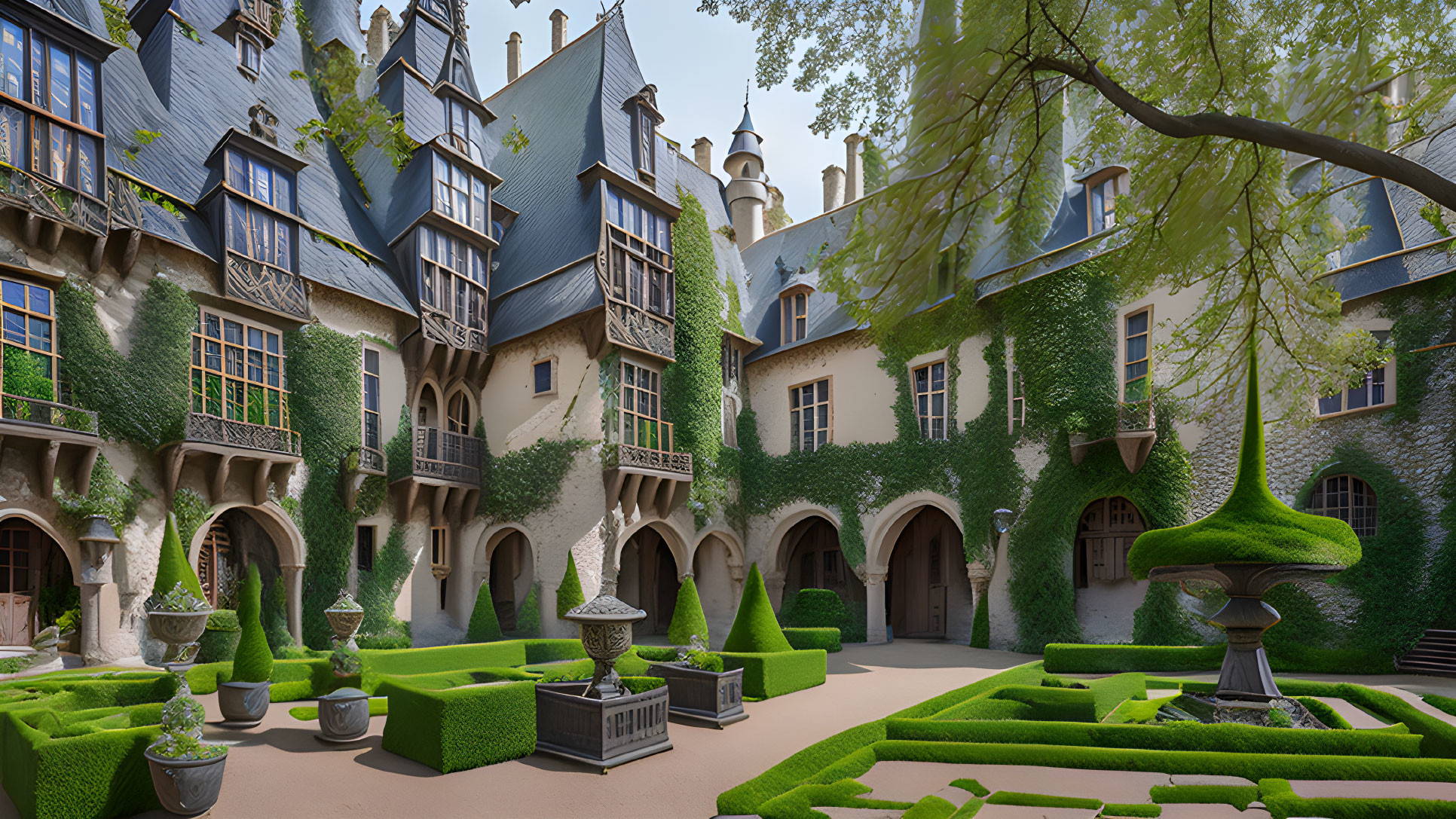Classic Architecture Courtyard with Ivy, Topiaries, and Fountain