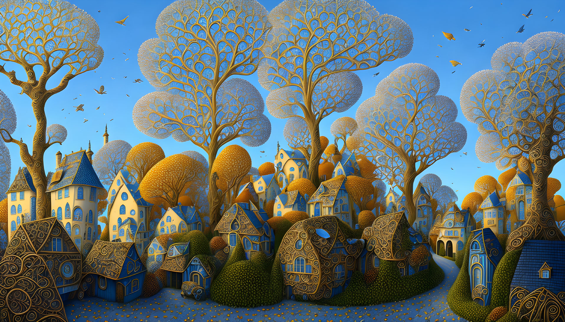 Whimsical landscape with stylized trees, charming houses, and clear sky