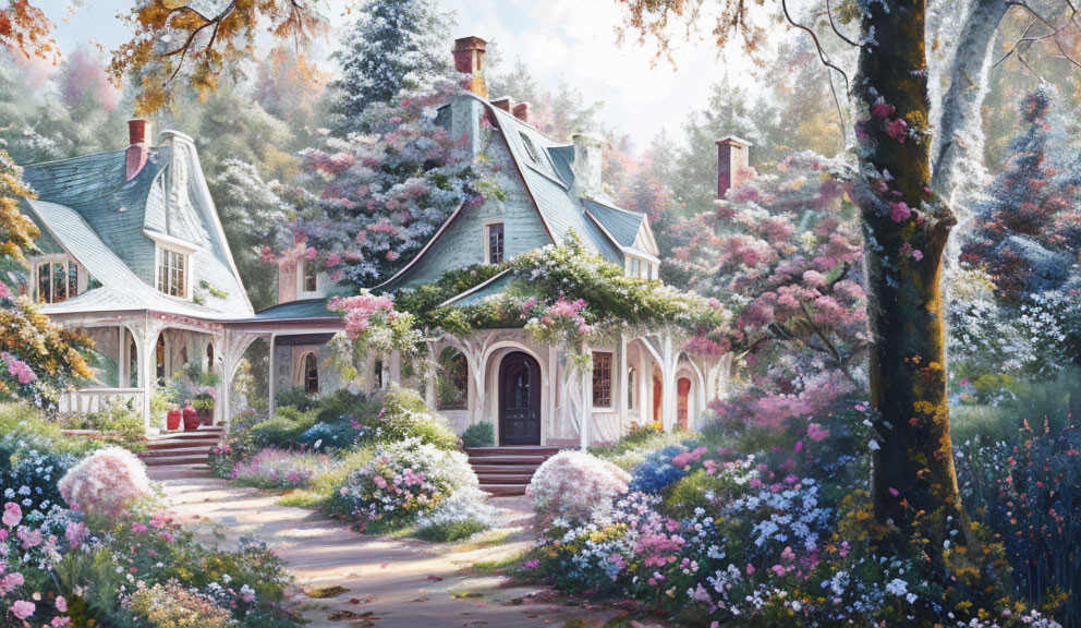 Charming cottage in blooming garden on sunny day