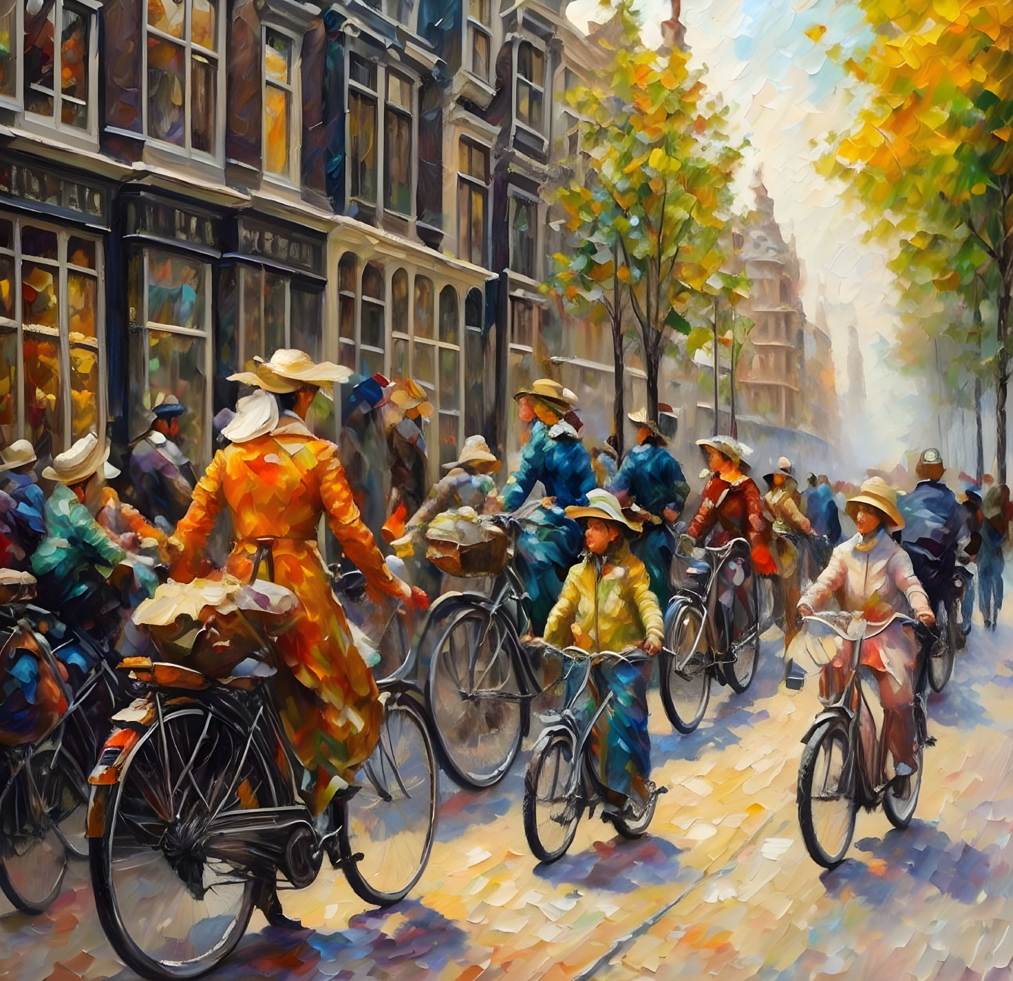 Vibrant autumn scene: people on bicycles in colorful city street.