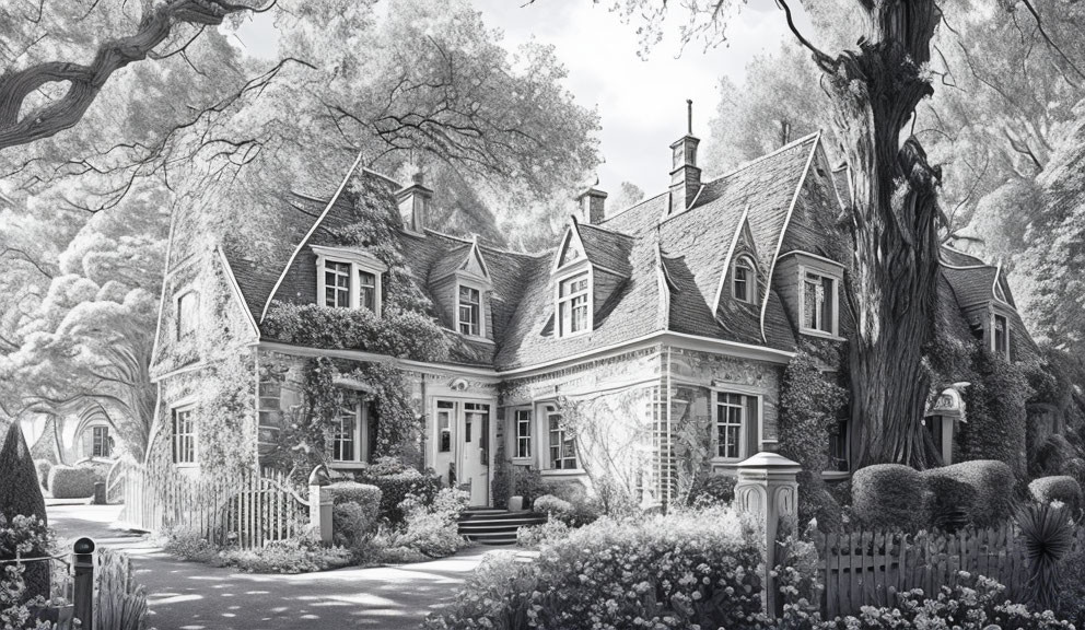 Detailed sketch of quaint two-story house with gabled roof, trees, hedges, fence, and