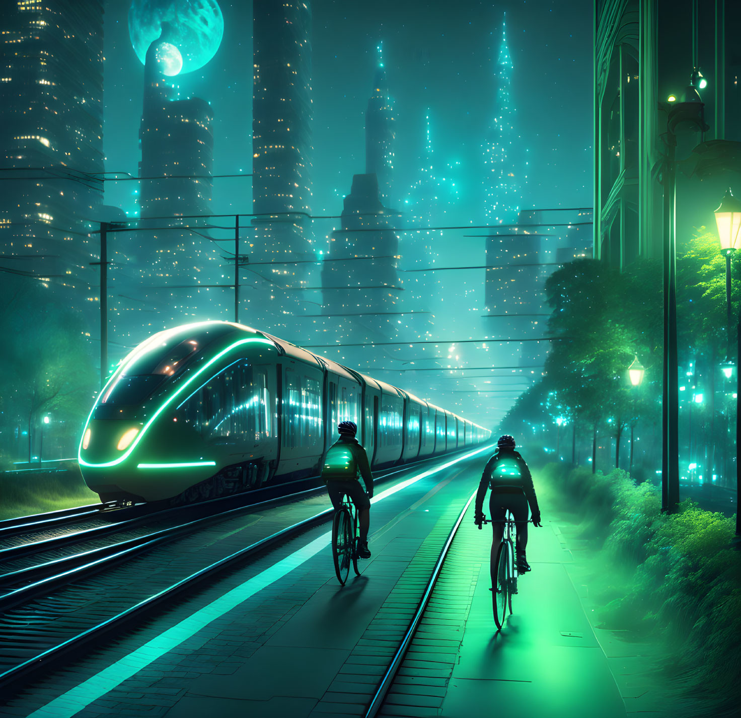 Futuristic cityscape at night with train, cyclists, green glow, starry sky