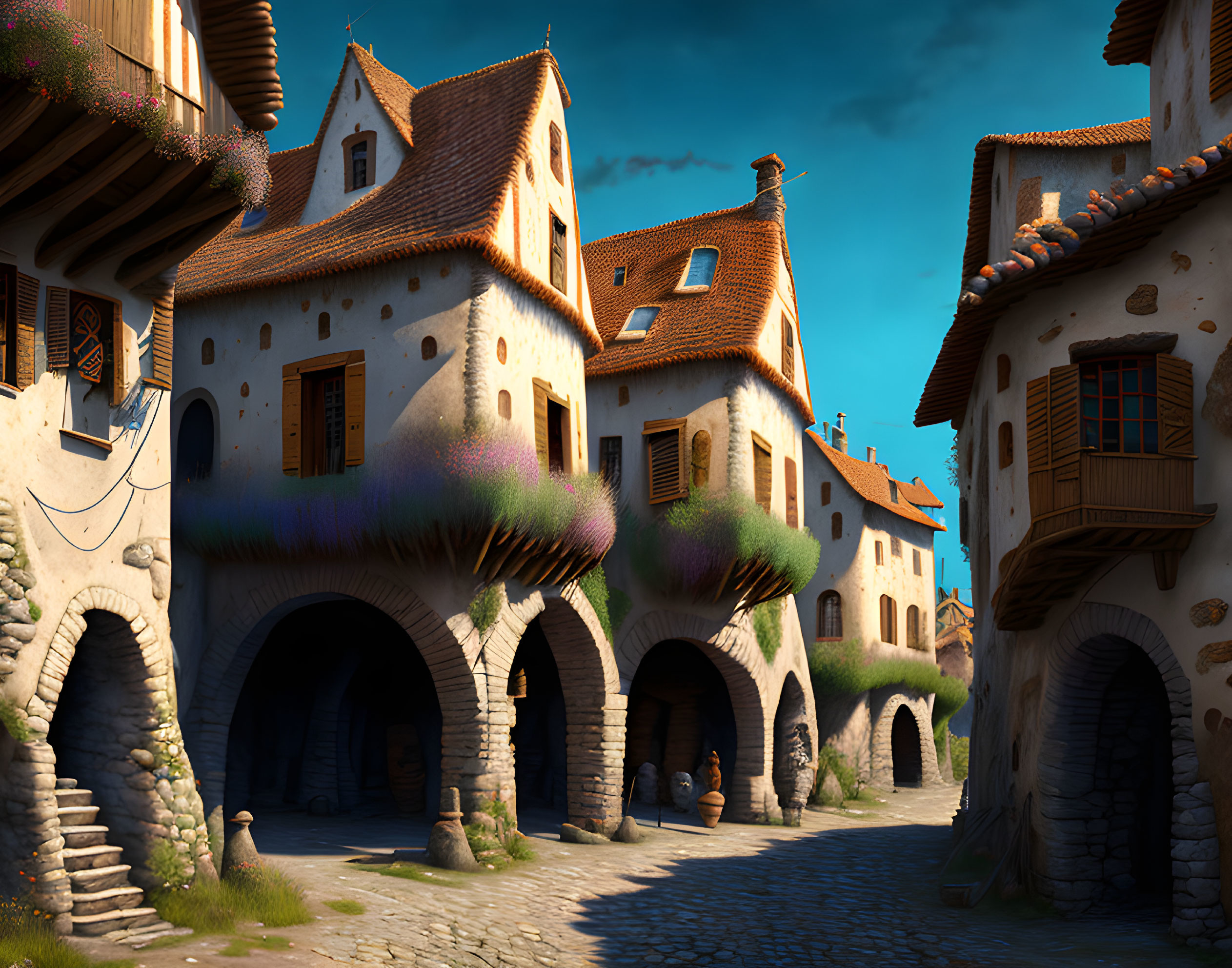 Medieval village street with stone arches and timber-framed houses in warm sunlight