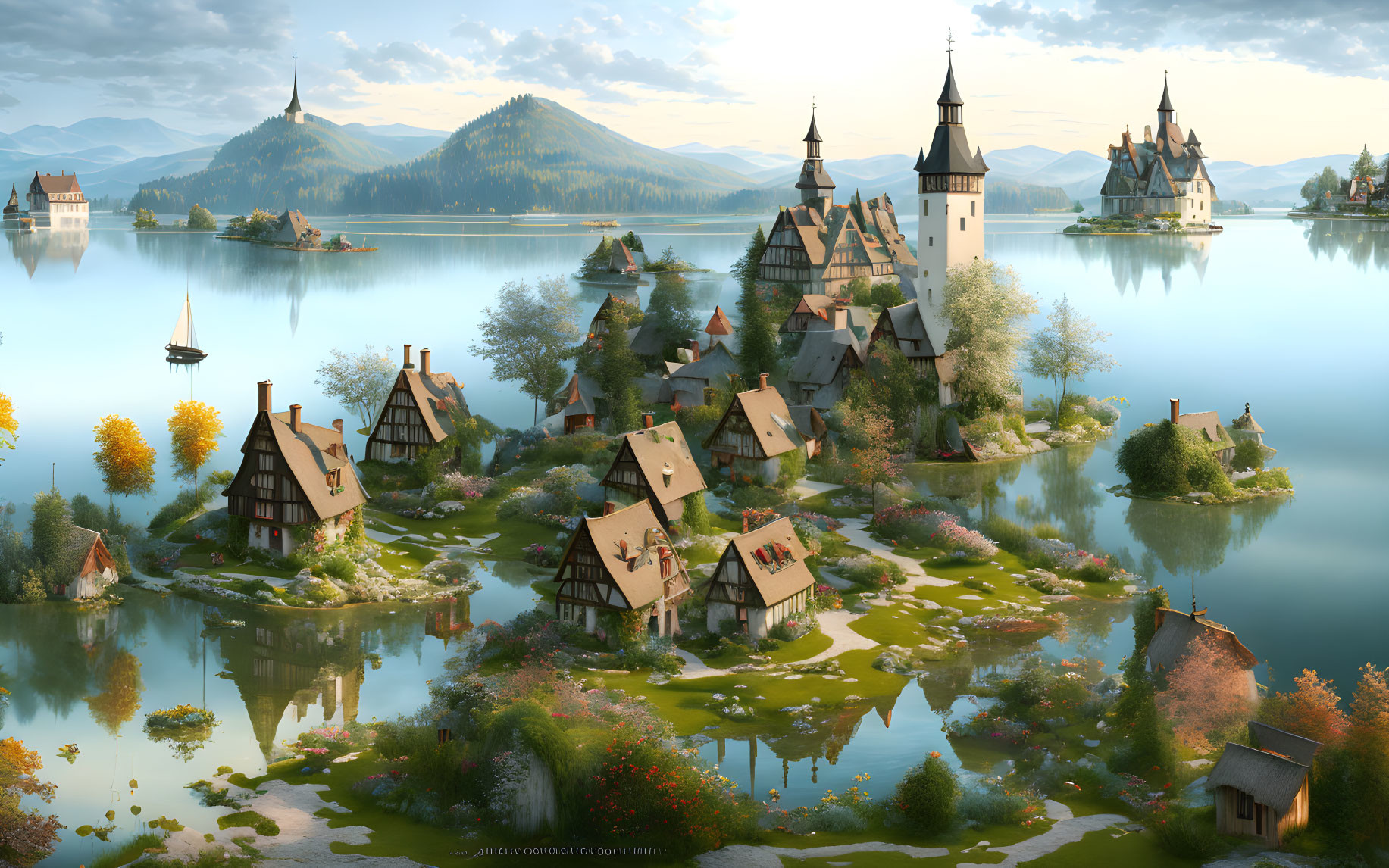 Tranquil fantasy village with thatched cottages, lake, hills, castle, and church sp