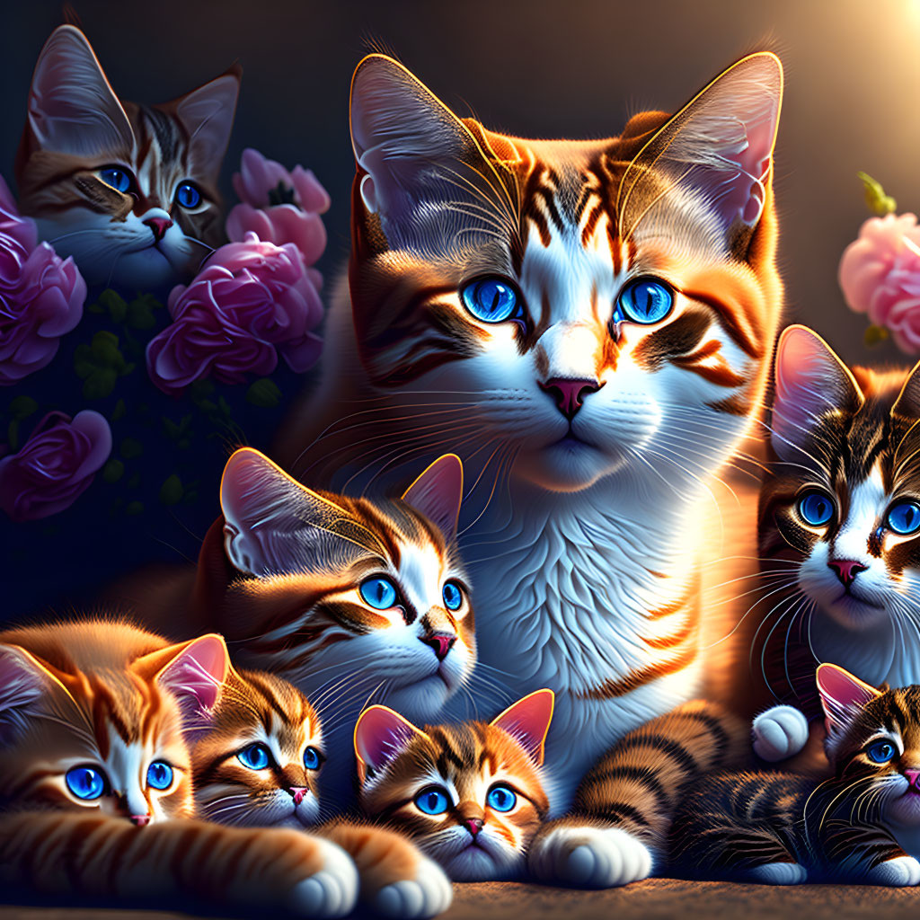 Digital art: Vibrant cats with blue eyes and striped fur among pink flowers