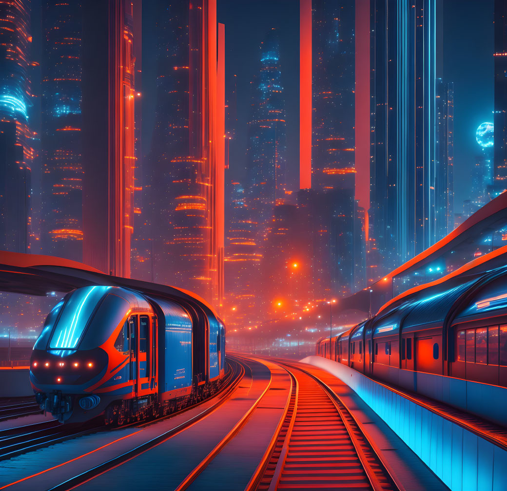 Futuristic train station with sleek trains and neon lights