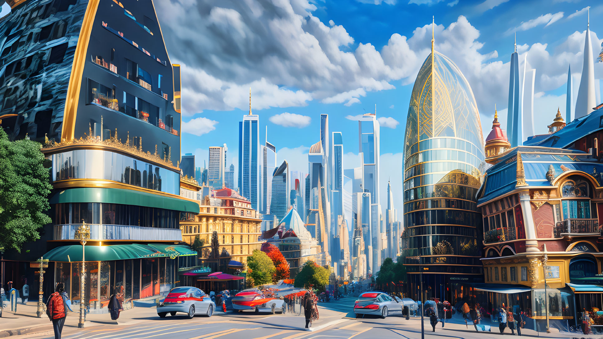 Modern and ornate buildings on a busy city street under a clear sky