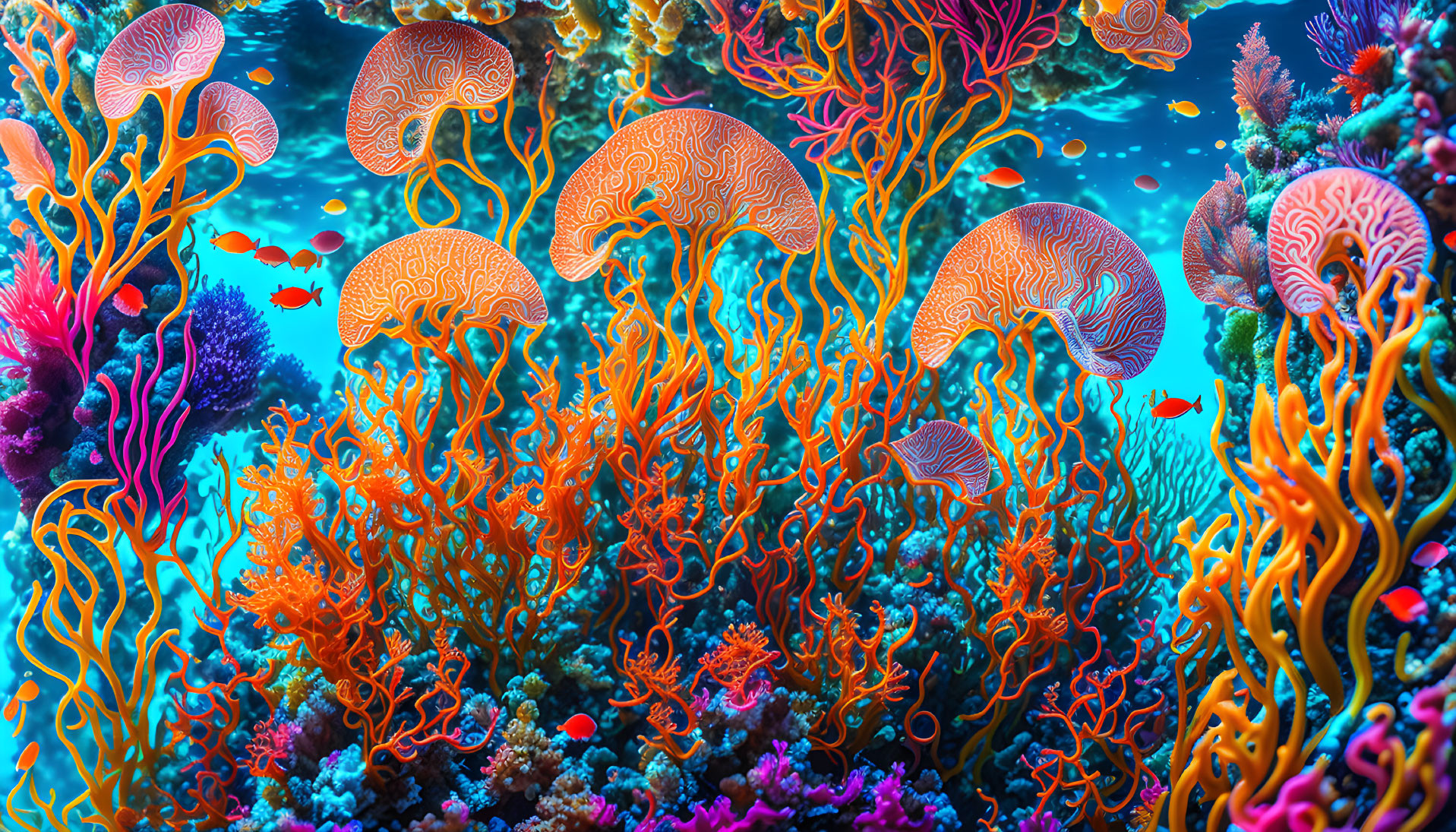 Colorful Coral Reefs and Patterned Fish in Vibrant Underwater Scene