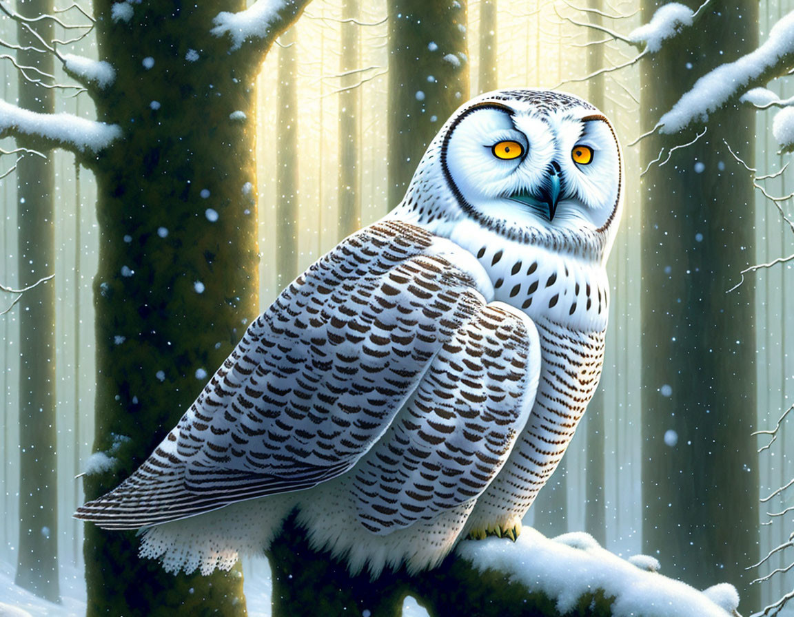 Snowy owl perched on branch in serene winter forest