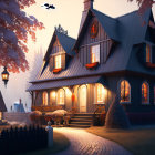 Fantasy-themed house with Halloween decorations and glowing lights