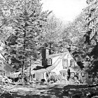 Detailed sketch of quaint two-story house with gabled roof, trees, hedges, fence, and