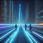 Futuristic urban road with neon blue light trails at night