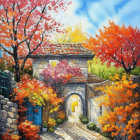 Colorful Autumn Trees and Stone Archway in Sunlit Street