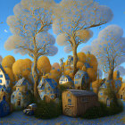 Whimsical landscape with stylized trees, charming houses, and clear sky