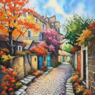 Tranquil cobblestone street with cozy autumn houses under warm sky