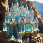 Intricate Glowing Blue Crystal Castle on Rugged Rock Base