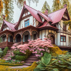 Victorian-style house with lush gardens and golden willow trees