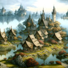 Tranquil fantasy village with thatched cottages, lake, hills, castle, and church sp