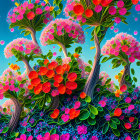 Fantasy garden illustration with blooming trees and butterflies