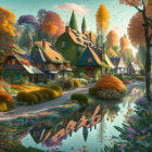 Scenic village by river with green-roofed houses, autumn trees.