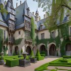 Lush courtyard with fountain and European-style buildings