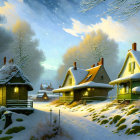 Snow-covered cottages under starry night sky with warm light.