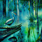 Heron on fallen tree in serene wetland landscape