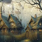 Fantasy-style ornate house with spiral trees at twilight