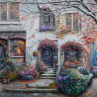 Charming village house with fall foliage and snowfall