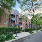 Contemporary urban street with trees, apartments, benches, and pedestrian.