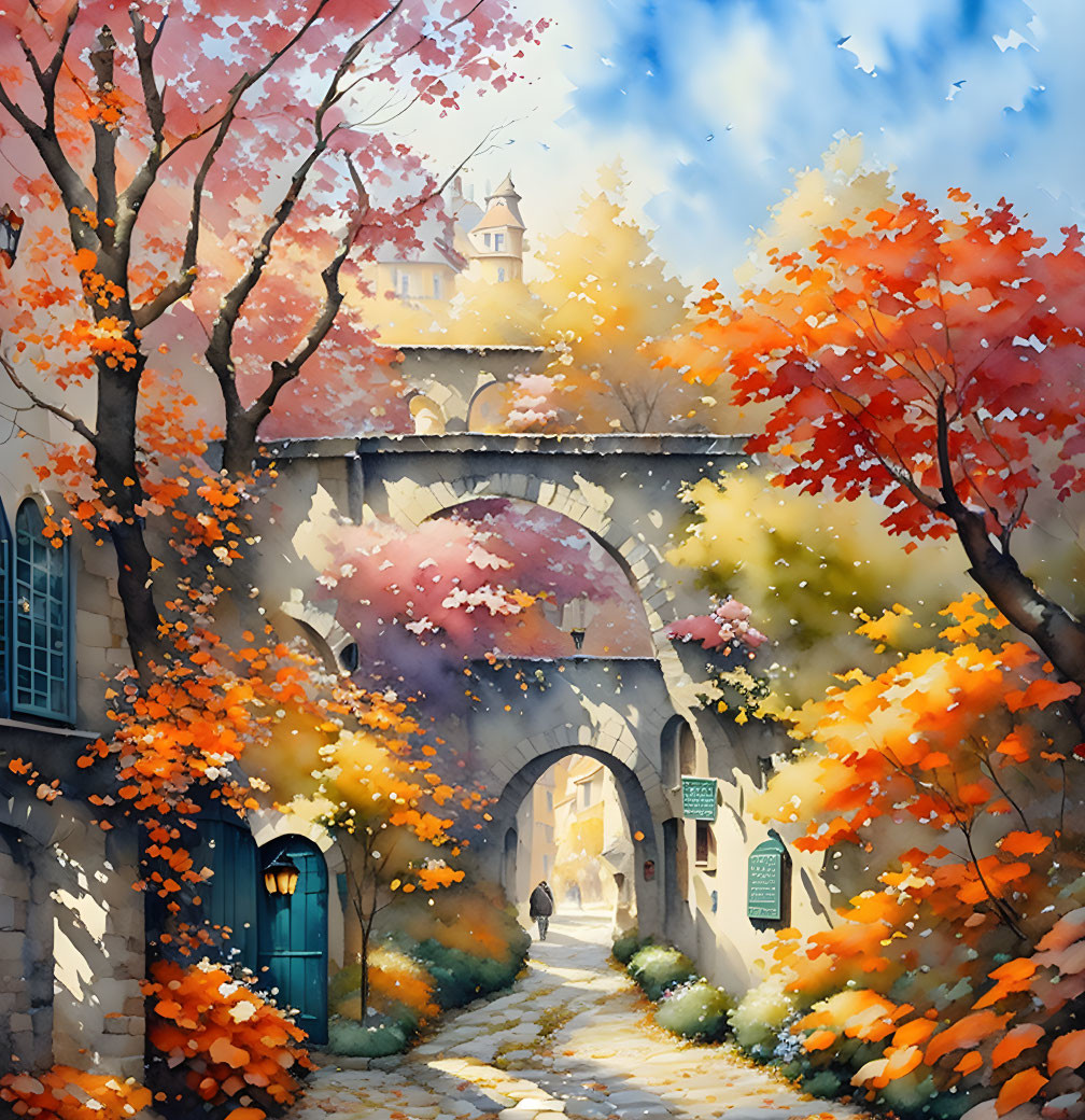 Colorful Autumn Trees and Stone Archway in Sunlit Street