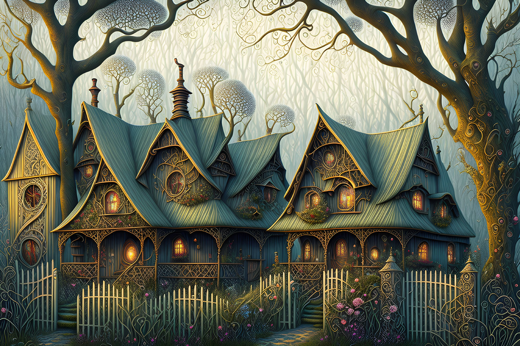 Fantasy-style ornate house with spiral trees at twilight