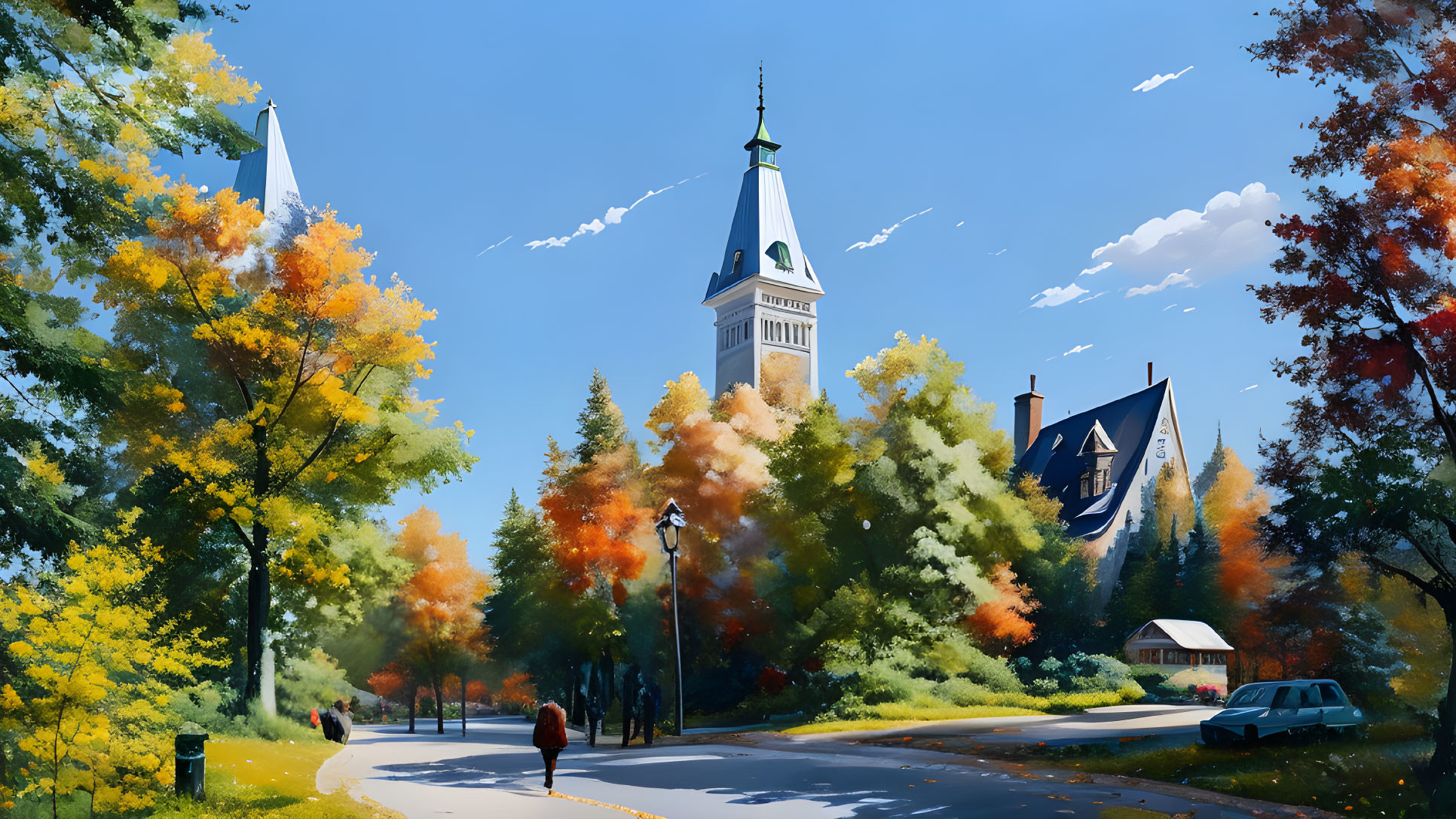 Vibrant autumn landscape with steepled building and people walking.