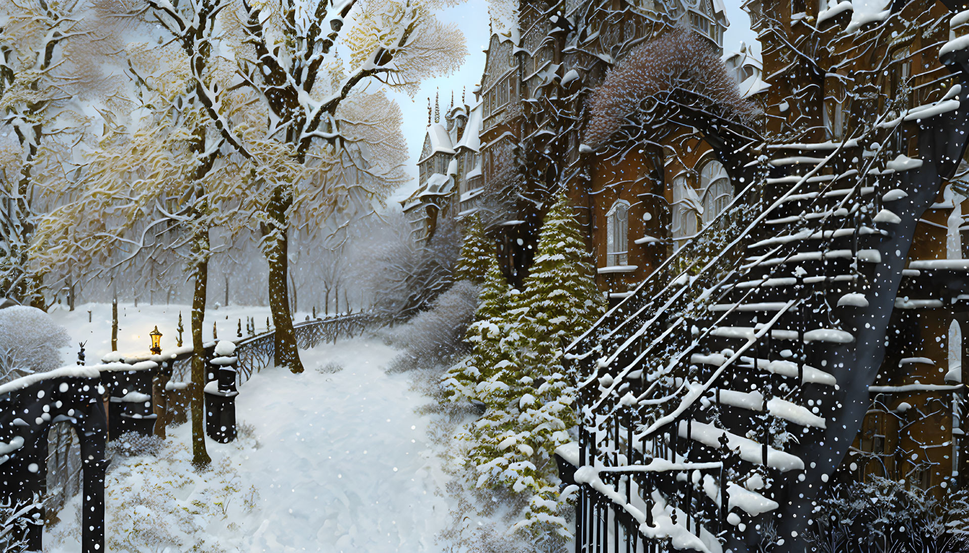 Snow-covered path with wrought iron fence and Victorian-style building in heavy snowfall