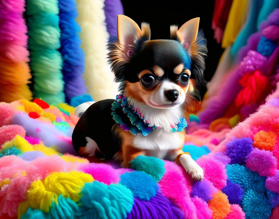 Small Chihuahua with decorative collar surrounded by colorful pom-poms