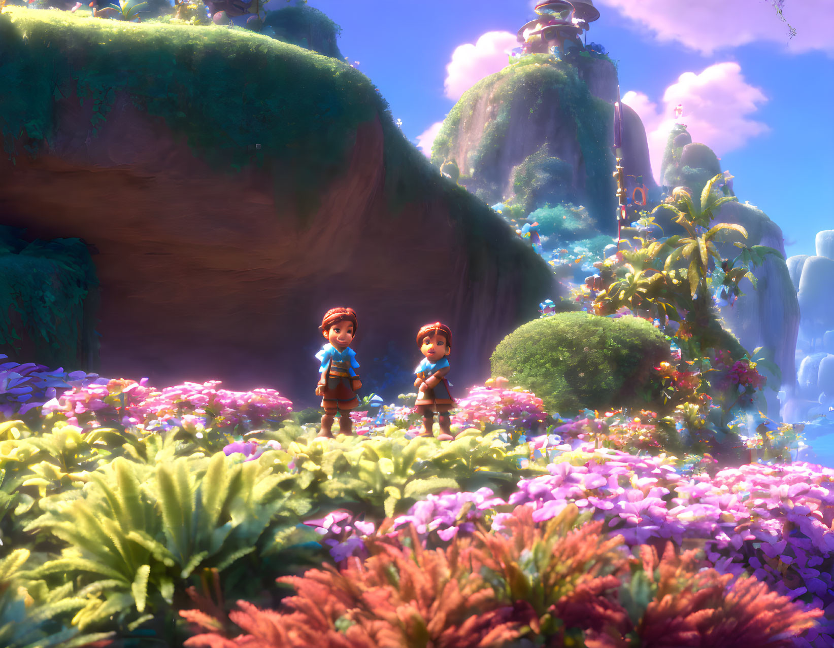 Vibrant fantasy landscape with animated characters