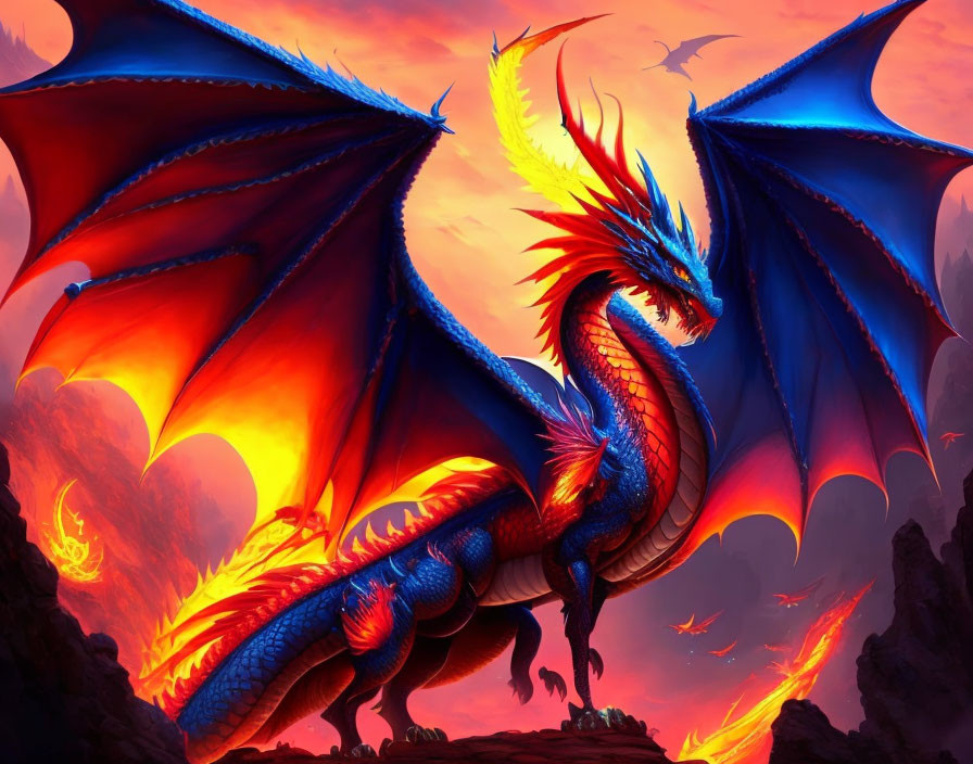 Blue and Red Dragon with Wings on Rocky Terrain in Fiery Sky