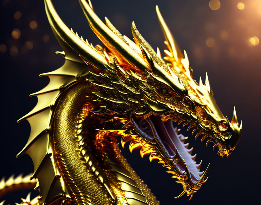 Golden dragon with intricate scales and bared fangs on sparkly background