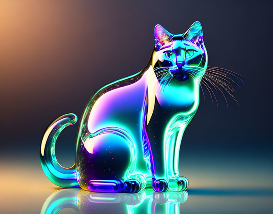 Colorful holographic cat image on iridescent surface with gradient background