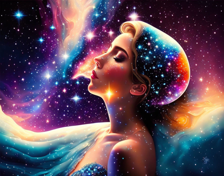 Digital art: Woman's profile blending into cosmic scene