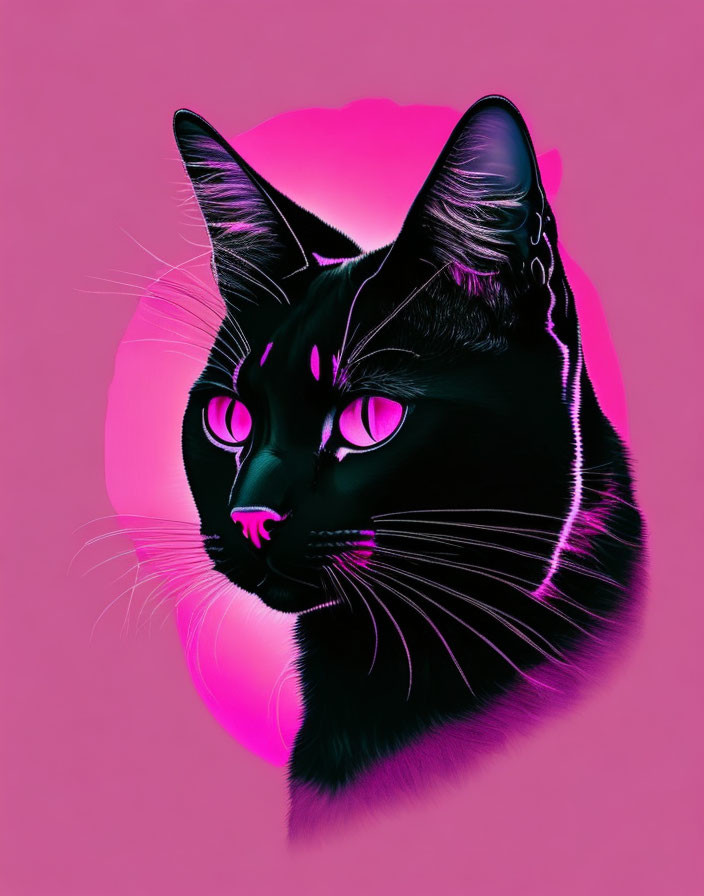 Stylized digital artwork: Black cat with pink accents and glowing eyes on pink backdrop