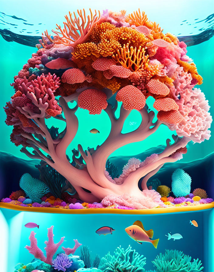 Colorful Coral Reef Illustration with Tropical Fish and Diverse Structures