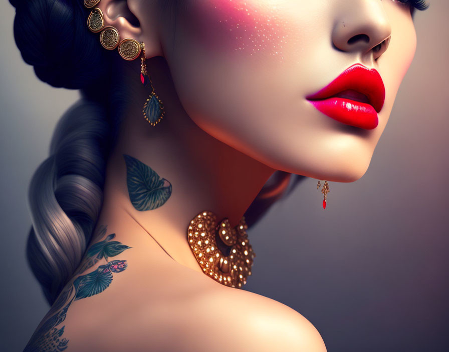 Portrait of woman with side braid, red lipstick, gold earrings, leaf tattoo, and blush