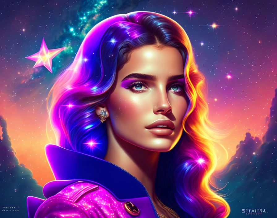 Woman with Glowing Blue Eyes, Pink and Blue Hair in Cosmic Background