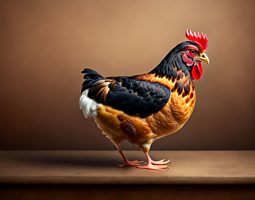 Colorful rooster with red crest and feathered plumage on warm brown background