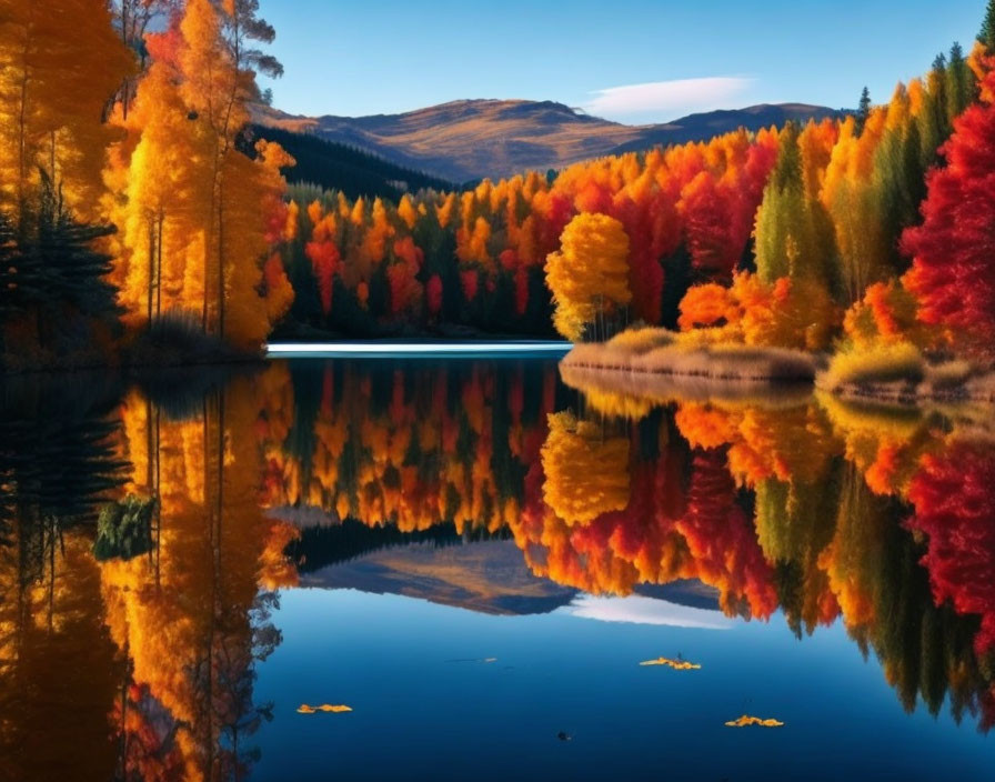 Scenic autumn foliage reflecting on calm lake amid rolling hills