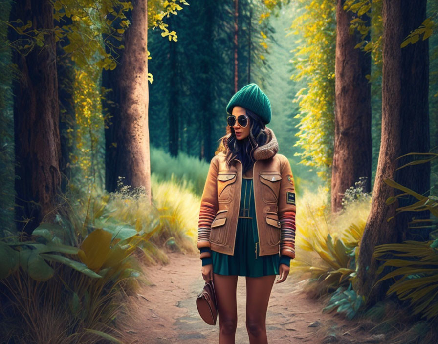 Woman in beanie and sunglasses on forest path with book